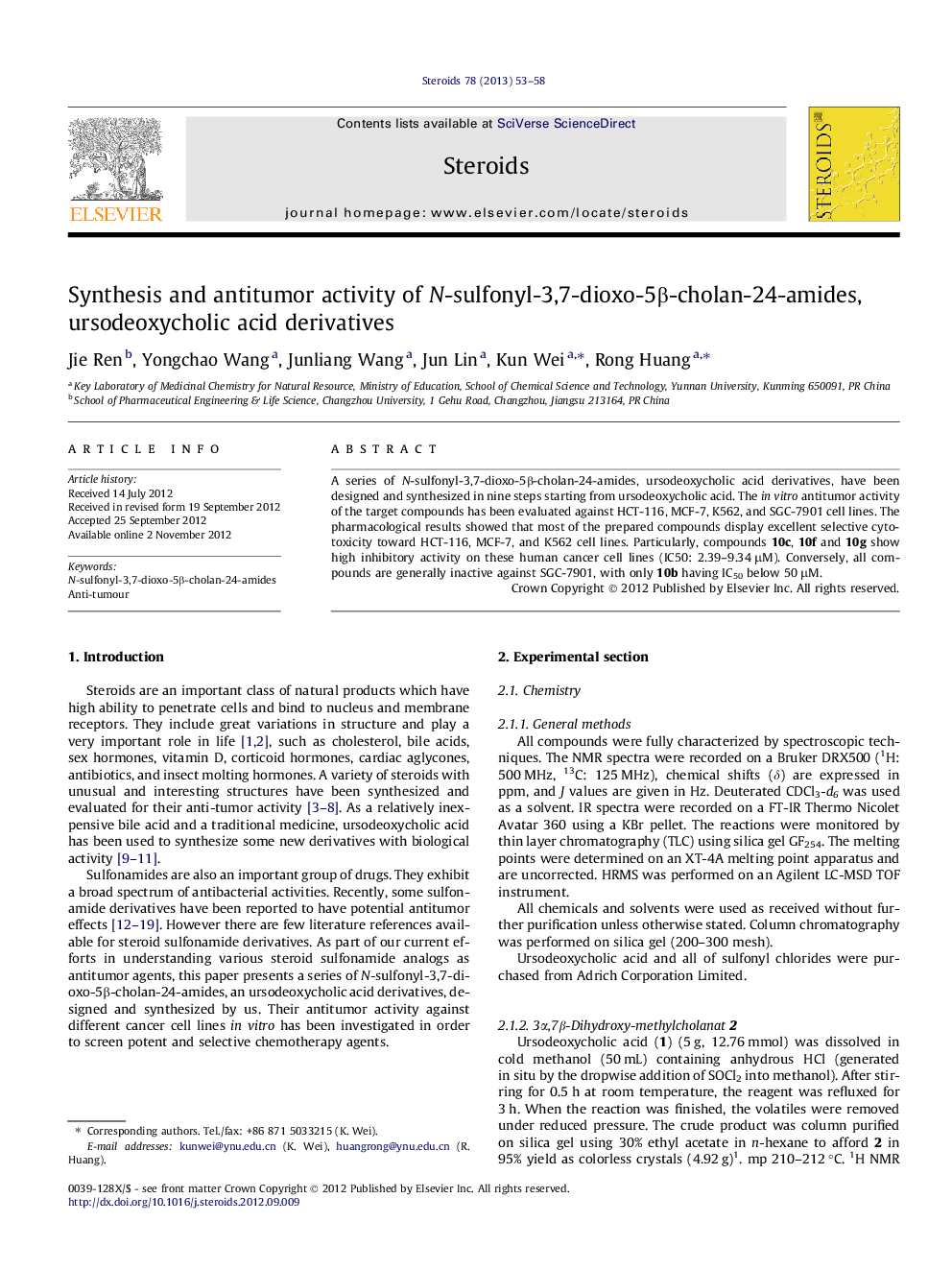 Synthesis and antitumor activity of N-sulfonyl-3,7-dioxo-5β-cholan-24-amides, ursodeoxycholic acid derivatives