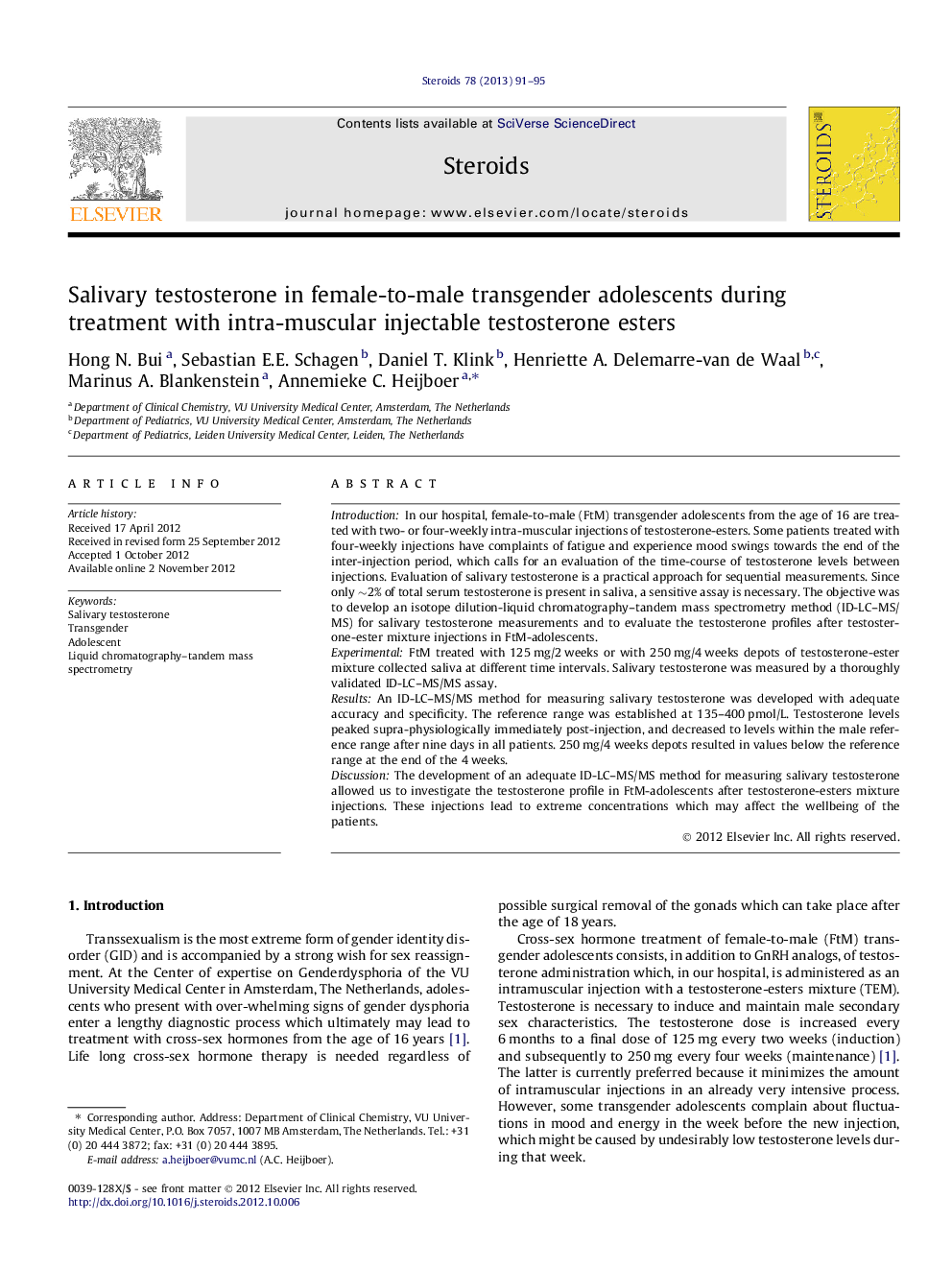 Salivary testosterone in female-to-male transgender adolescents during treatment with intra-muscular injectable testosterone esters