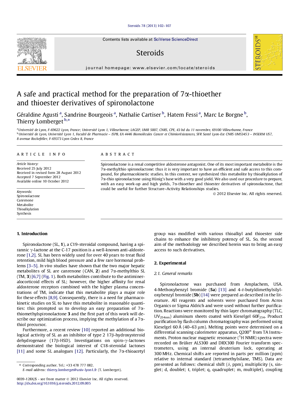 A safe and practical method for the preparation of 7α-thioether and thioester derivatives of spironolactone