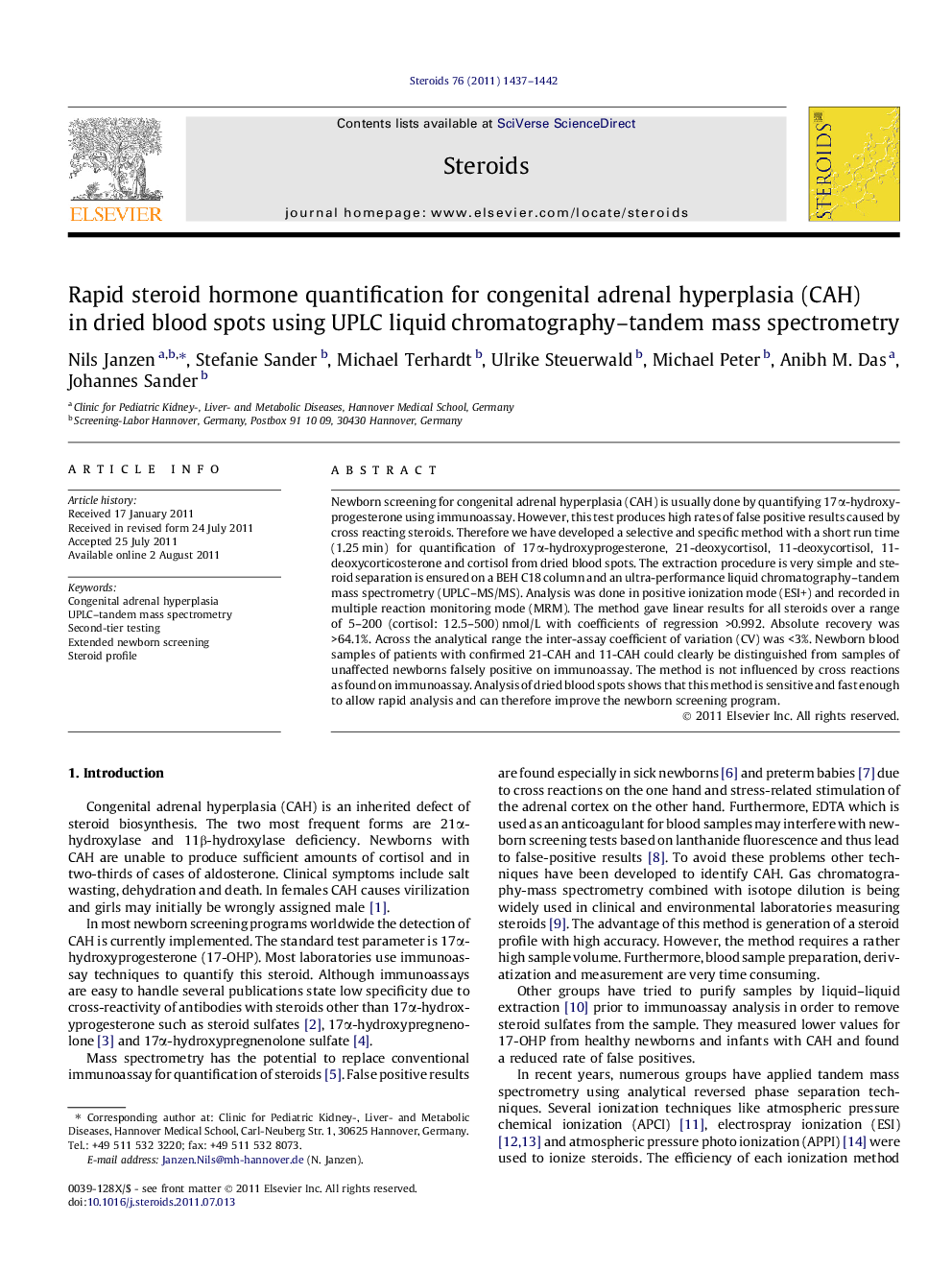 Rapid steroid hormone quantification for congenital adrenal hyperplasia (CAH) in dried blood spots using UPLC liquid chromatography–tandem mass spectrometry