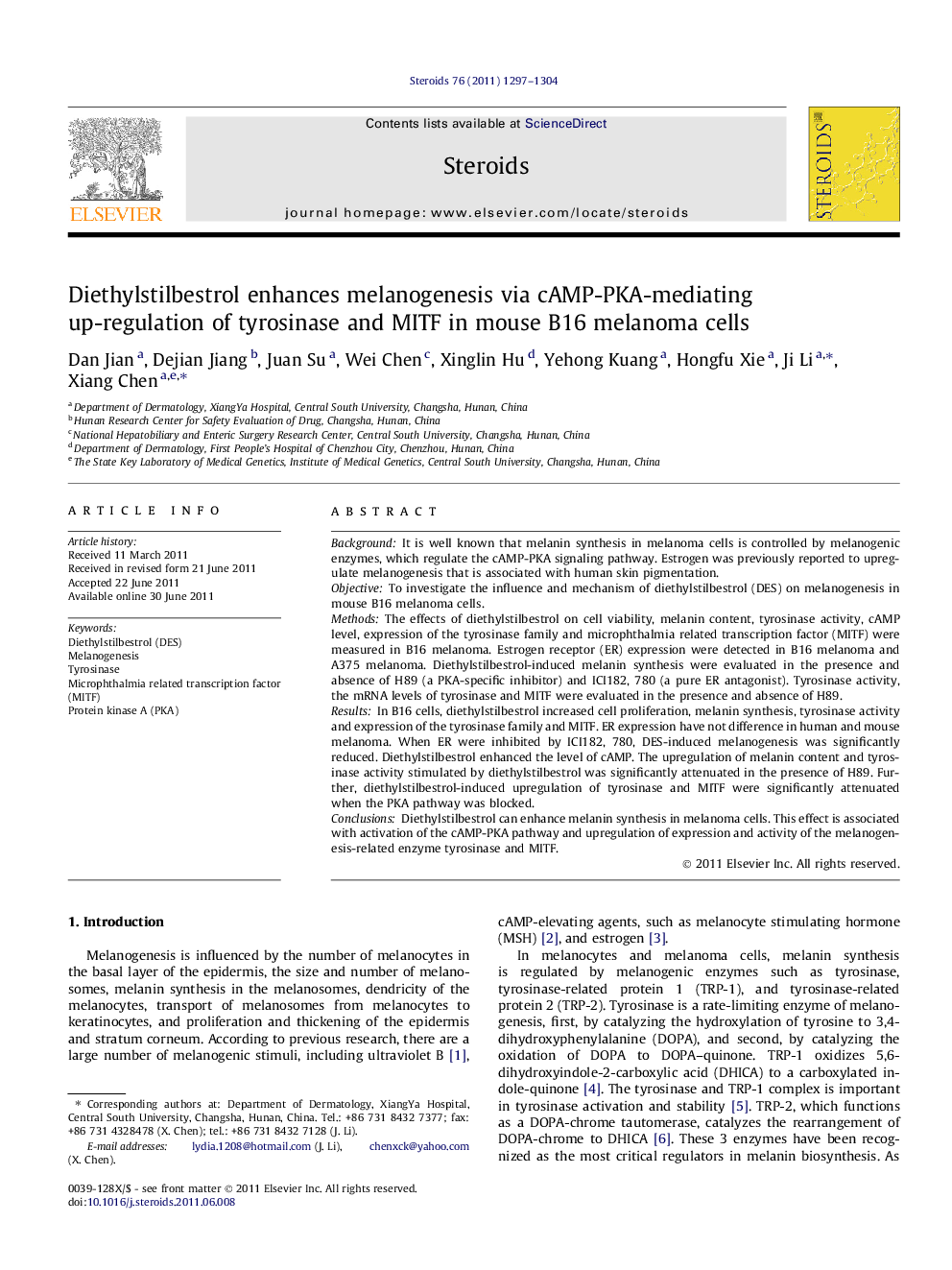 Diethylstilbestrol enhances melanogenesis via cAMP-PKA-mediating up-regulation of tyrosinase and MITF in mouse B16 melanoma cells