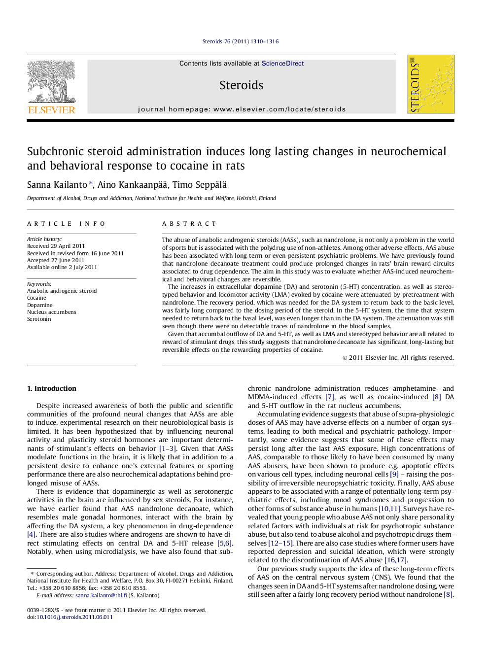 Subchronic steroid administration induces long lasting changes in neurochemical and behavioral response to cocaine in rats