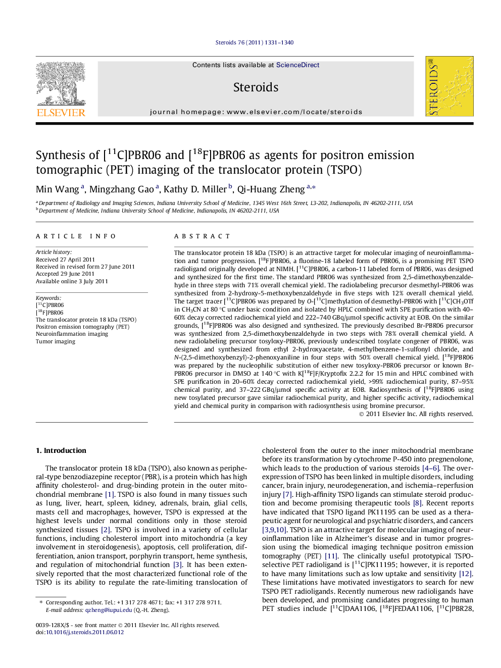 Synthesis of [11C]PBR06 and [18F]PBR06 as agents for positron emission tomographic (PET) imaging of the translocator protein (TSPO)