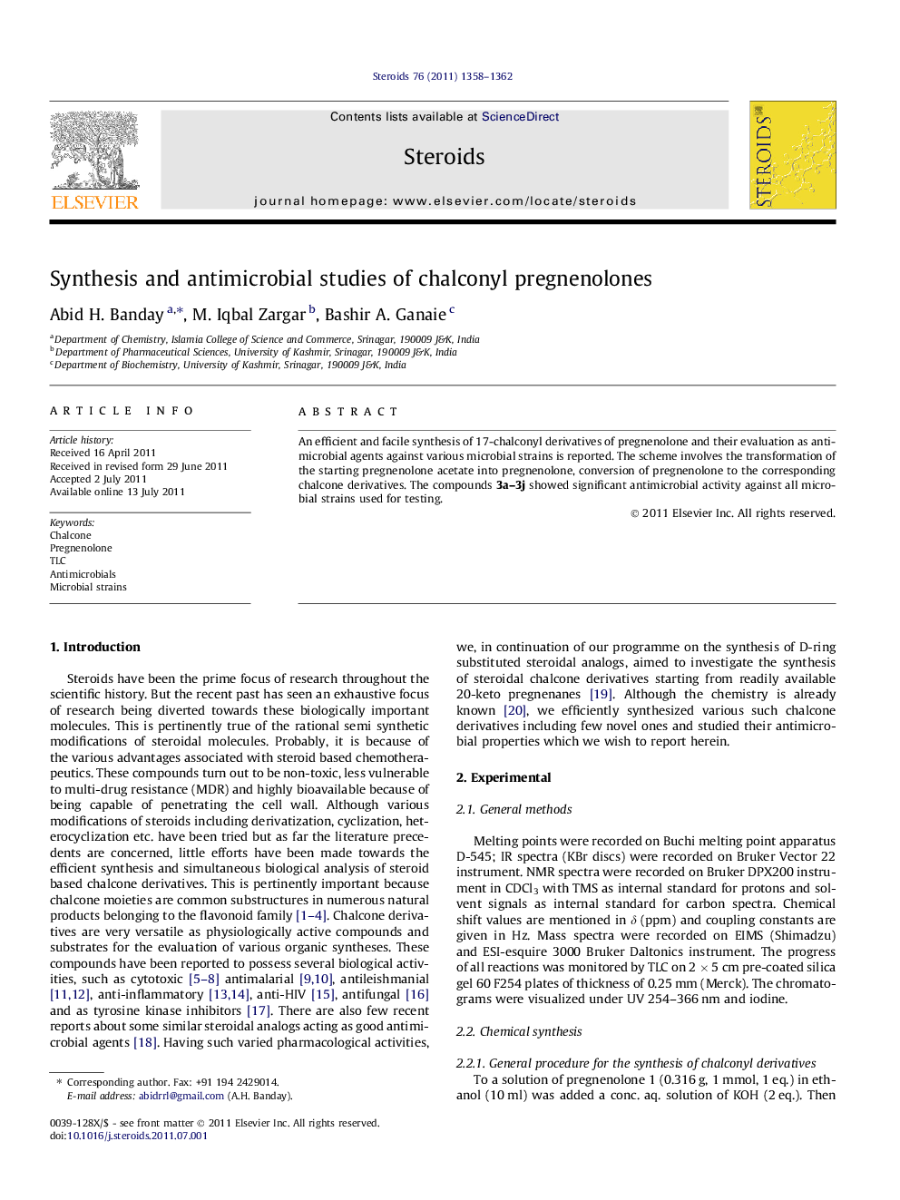 عکس صفحه اول مقاله: Synthesis and antimicrobial studies of chalconyl pregnenolones Synthesis and antimicrobial studies of chalconyl pregnenolones