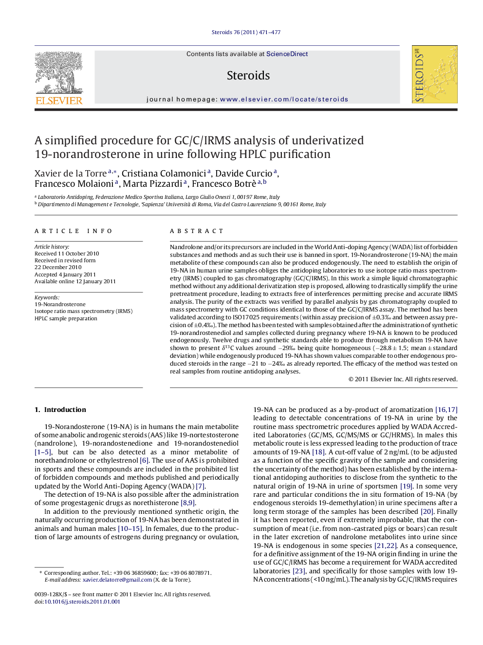 A simplified procedure for GC/C/IRMS analysis of underivatized 19-norandrosterone in urine following HPLC purification