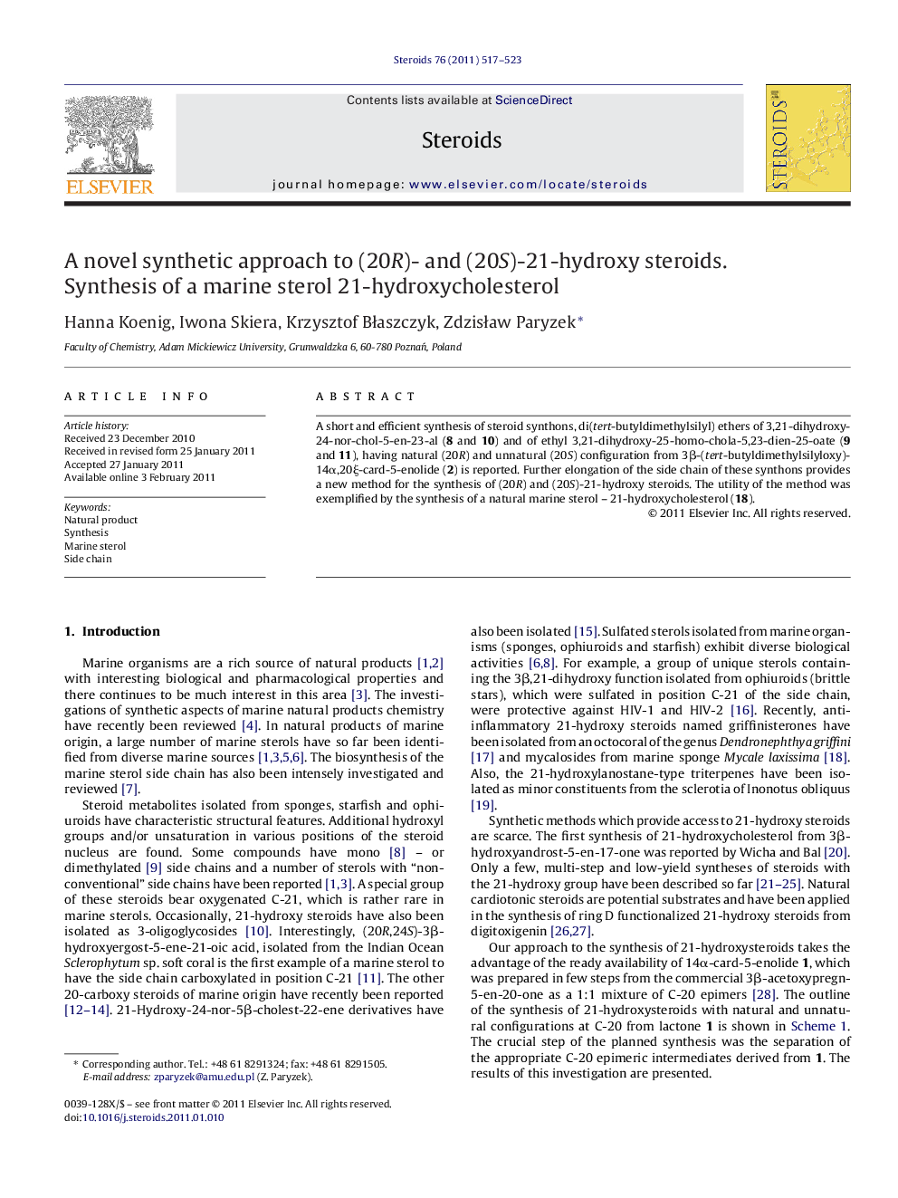 A novel synthetic approach to (20R)- and (20S)-21-hydroxy steroids. Synthesis of a marine sterol 21-hydroxycholesterol