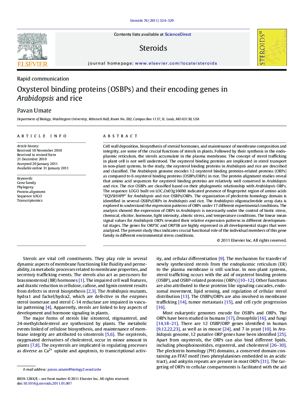 Oxysterol binding proteins (OSBPs) and their encoding genes in Arabidopsis and rice