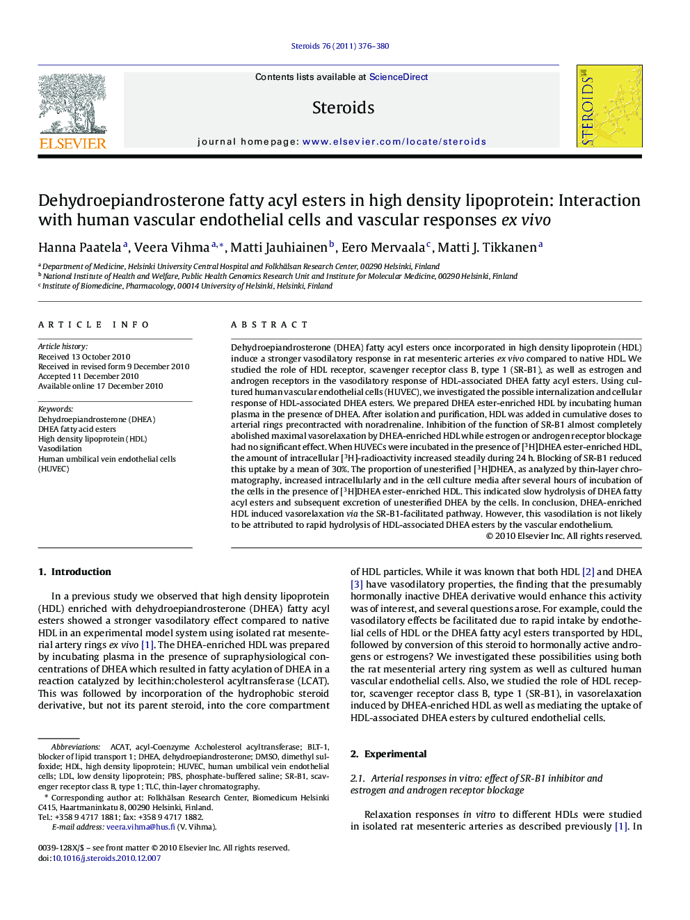 Dehydroepiandrosterone fatty acyl esters in high density lipoprotein: Interaction with human vascular endothelial cells and vascular responses ex vivo