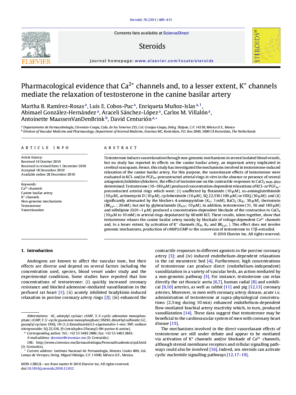 Pharmacological evidence that Ca2+ channels and, to a lesser extent, K+ channels mediate the relaxation of testosterone in the canine basilar artery