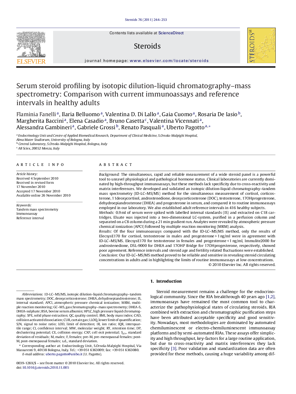 Serum steroid profiling by isotopic dilution-liquid chromatography–mass spectrometry: Comparison with current immunoassays and reference intervals in healthy adults