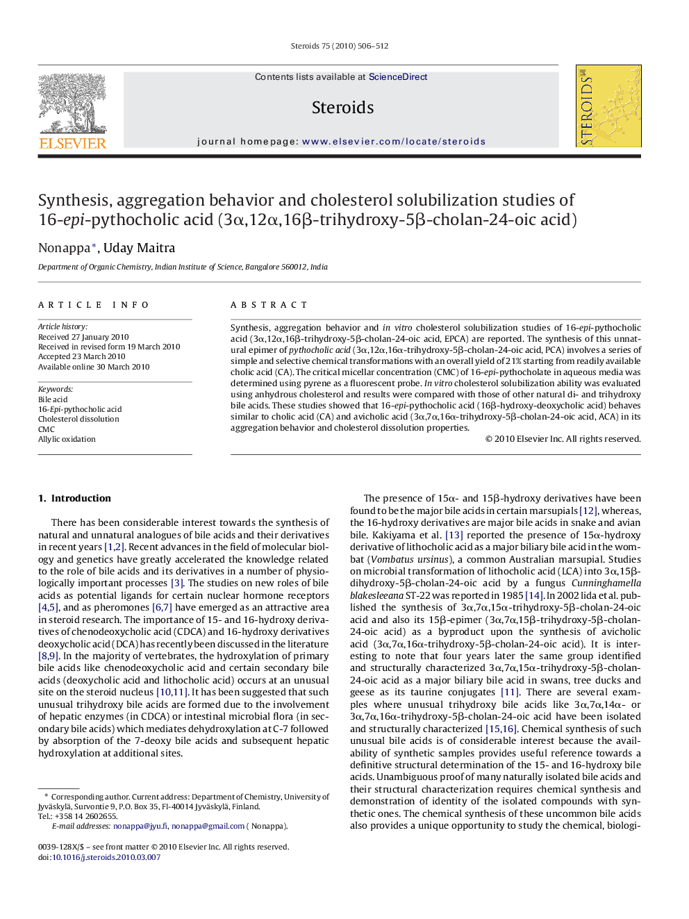 Synthesis, aggregation behavior and cholesterol solubilization studies of 16-epi-pythocholic acid (3α,12α,16β-trihydroxy-5β-cholan-24-oic acid)