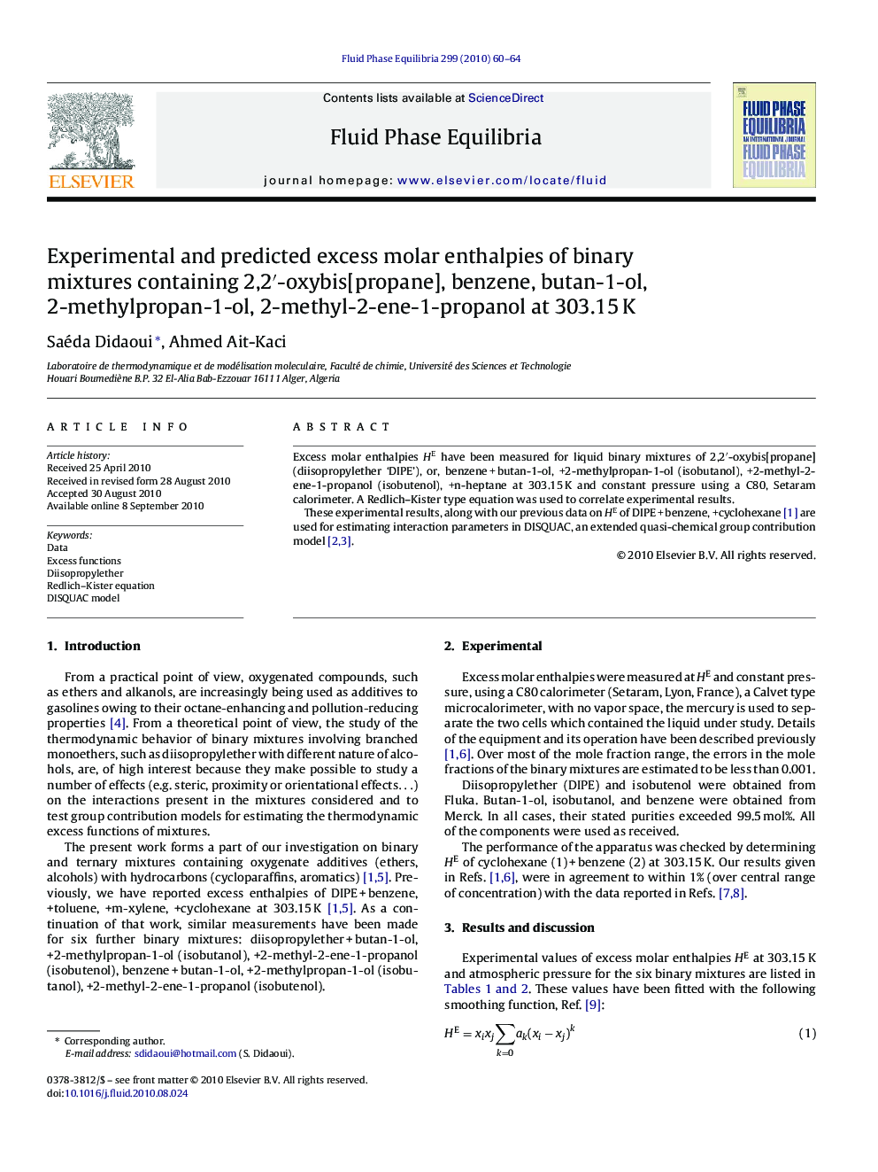 Experimental and predicted excess molar enthalpies of binary mixtures containing 2,2′-oxybis[propane], benzene, butan-1-ol, 2-methylpropan-1-ol, 2-methyl-2-ene-1-propanol at 303.15 K