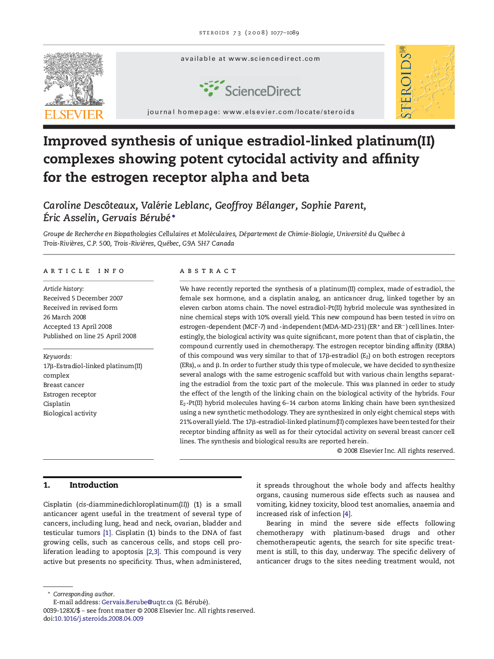 Improved synthesis of unique estradiol-linked platinum(II) complexes showing potent cytocidal activity and affinity for the estrogen receptor alpha and beta