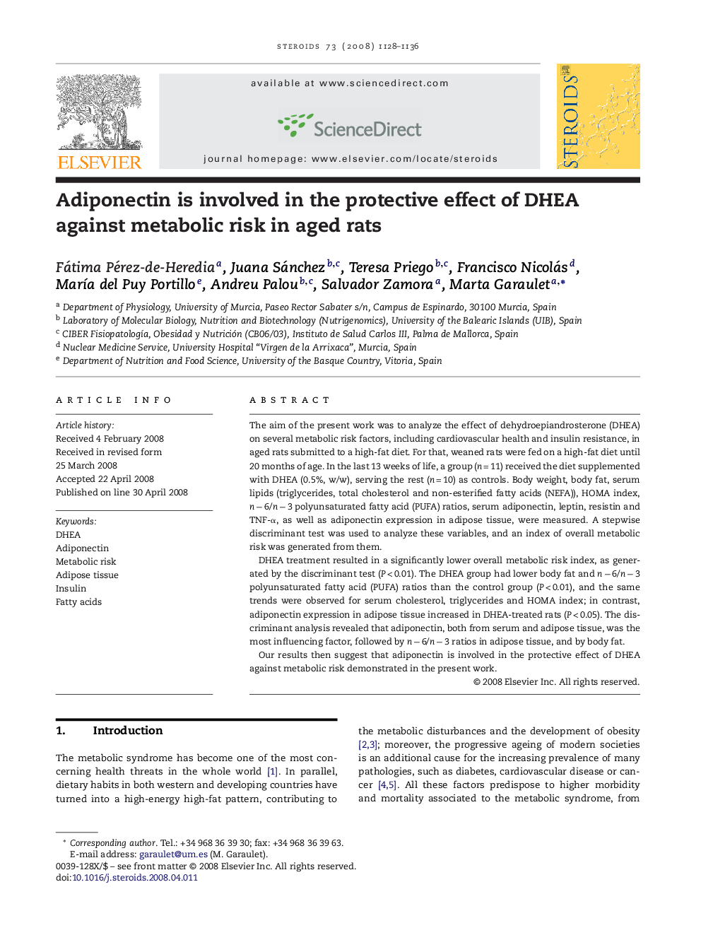 Adiponectin is involved in the protective effect of DHEA against metabolic risk in aged rats