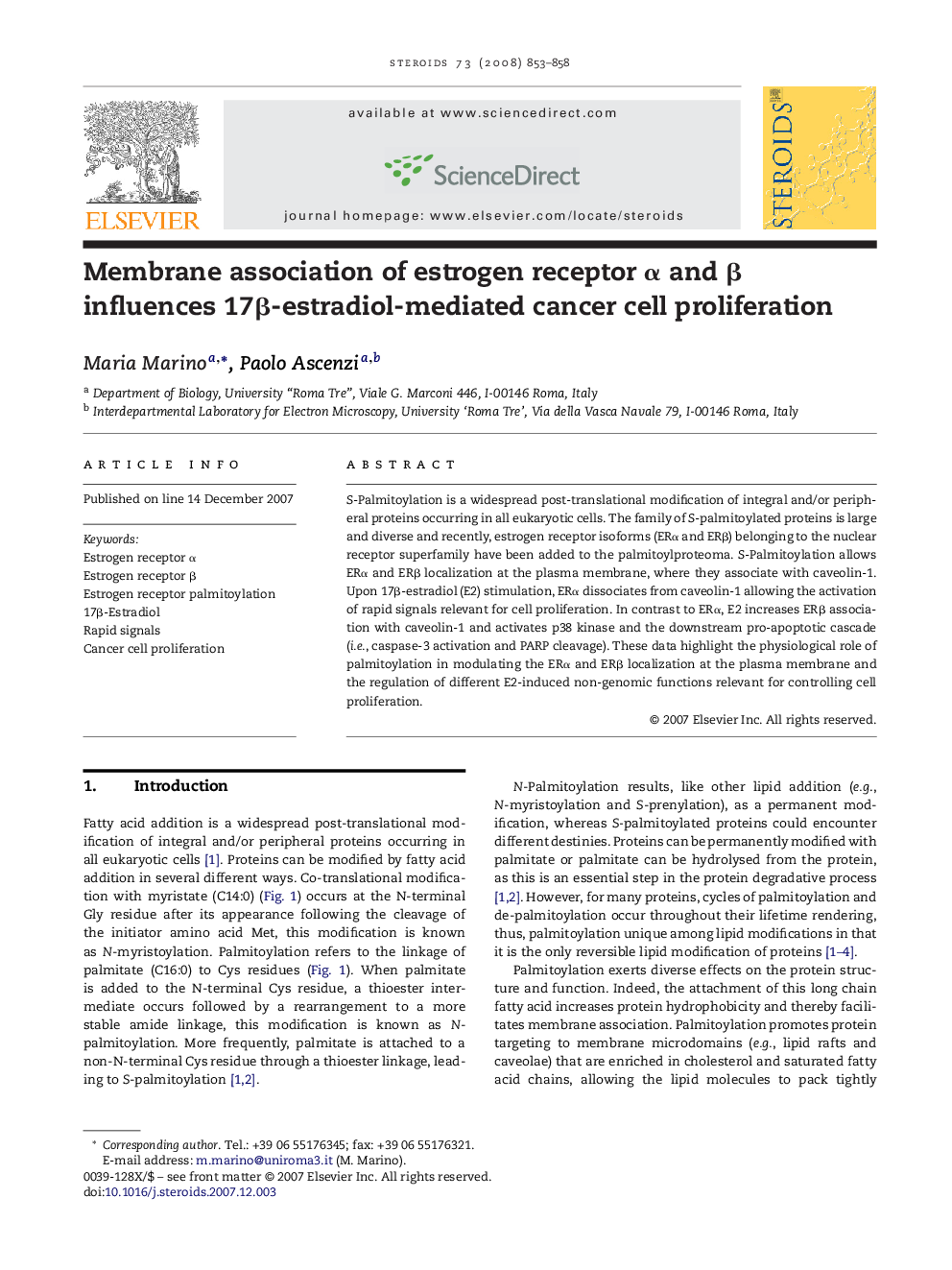Membrane association of estrogen receptor α and β influences 17β-estradiol-mediated cancer cell proliferation