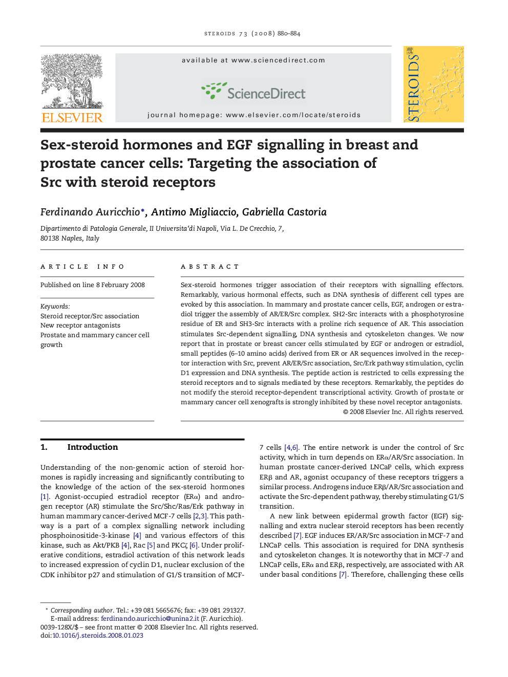 Sex-steroid hormones and EGF signalling in breast and prostate cancer cells: Targeting the association of Src with steroid receptors