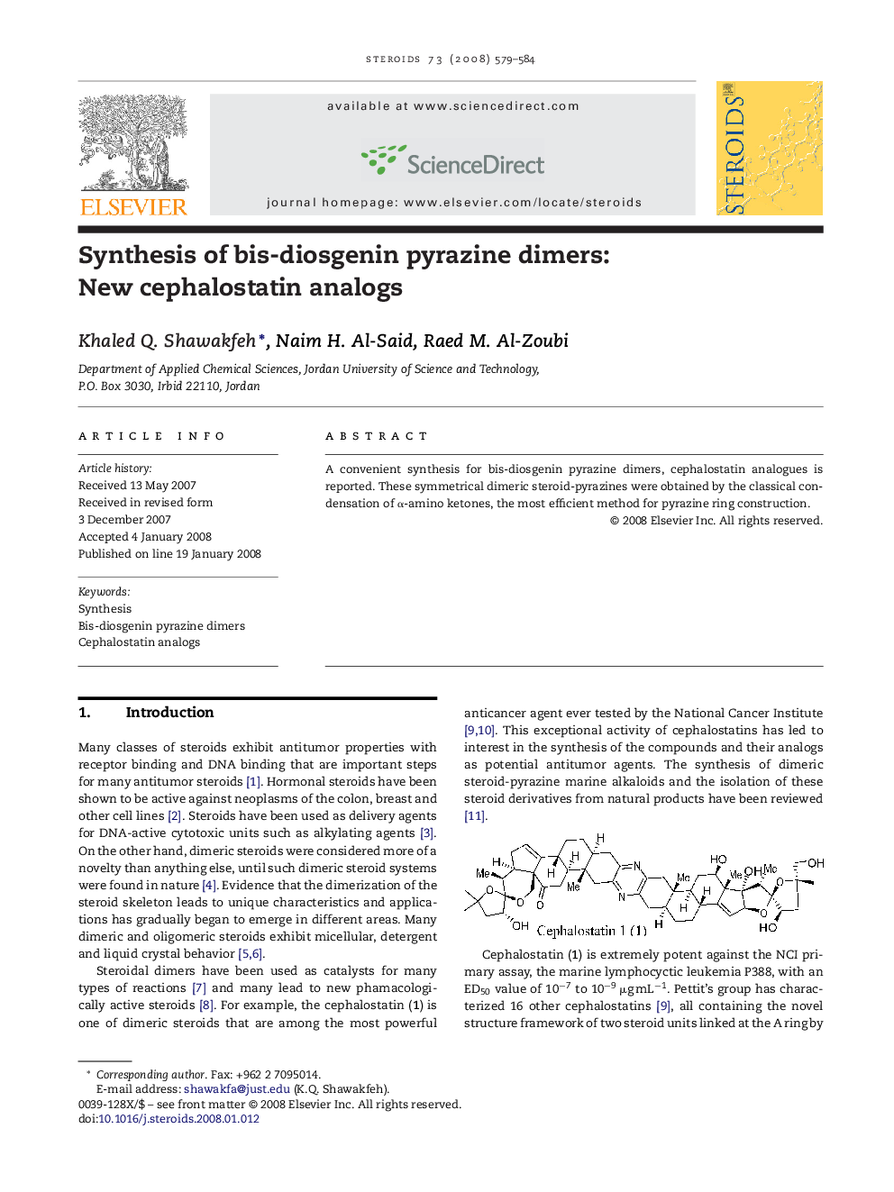 Synthesis of bis-diosgenin pyrazine dimers: New cephalostatin analogs