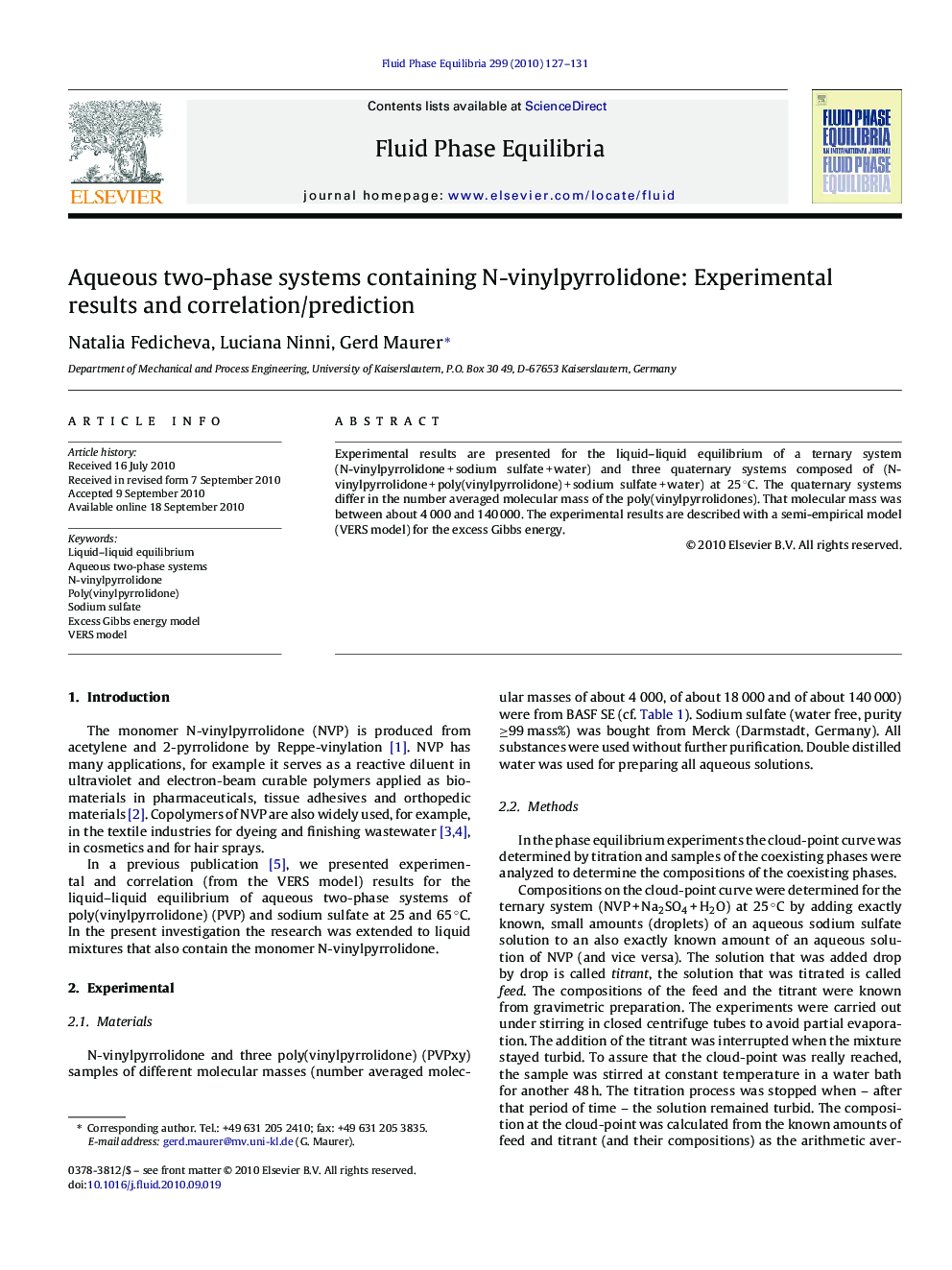 Aqueous two-phase systems containing N-vinylpyrrolidone: Experimental results and correlation/prediction