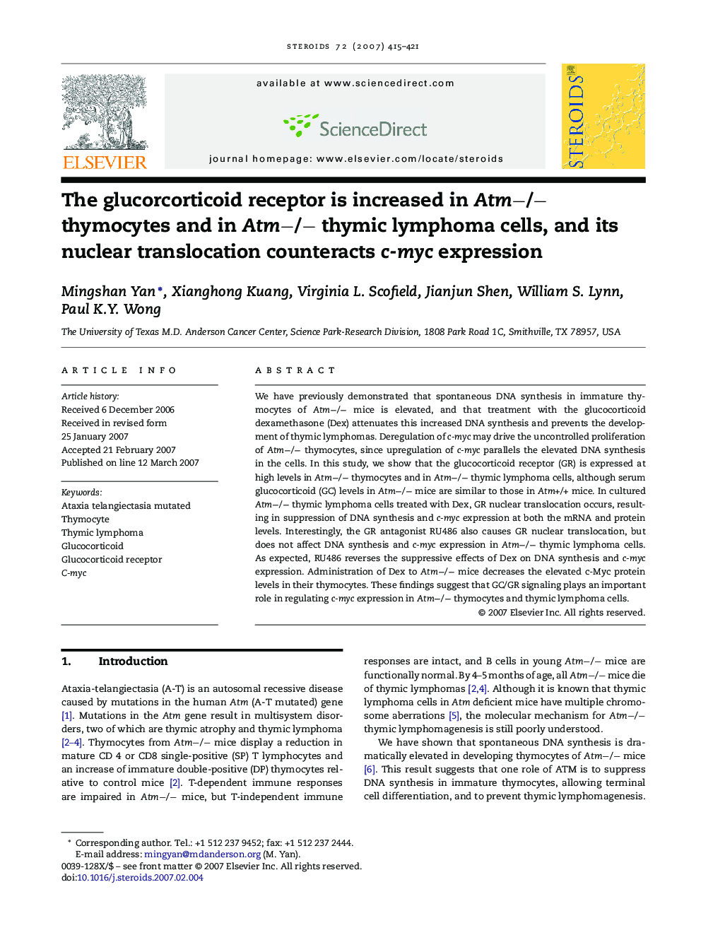 The glucorcorticoid receptor is increased in Atm−/− thymocytes and in Atm−/− thymic lymphoma cells, and its nuclear translocation counteracts c-myc expression