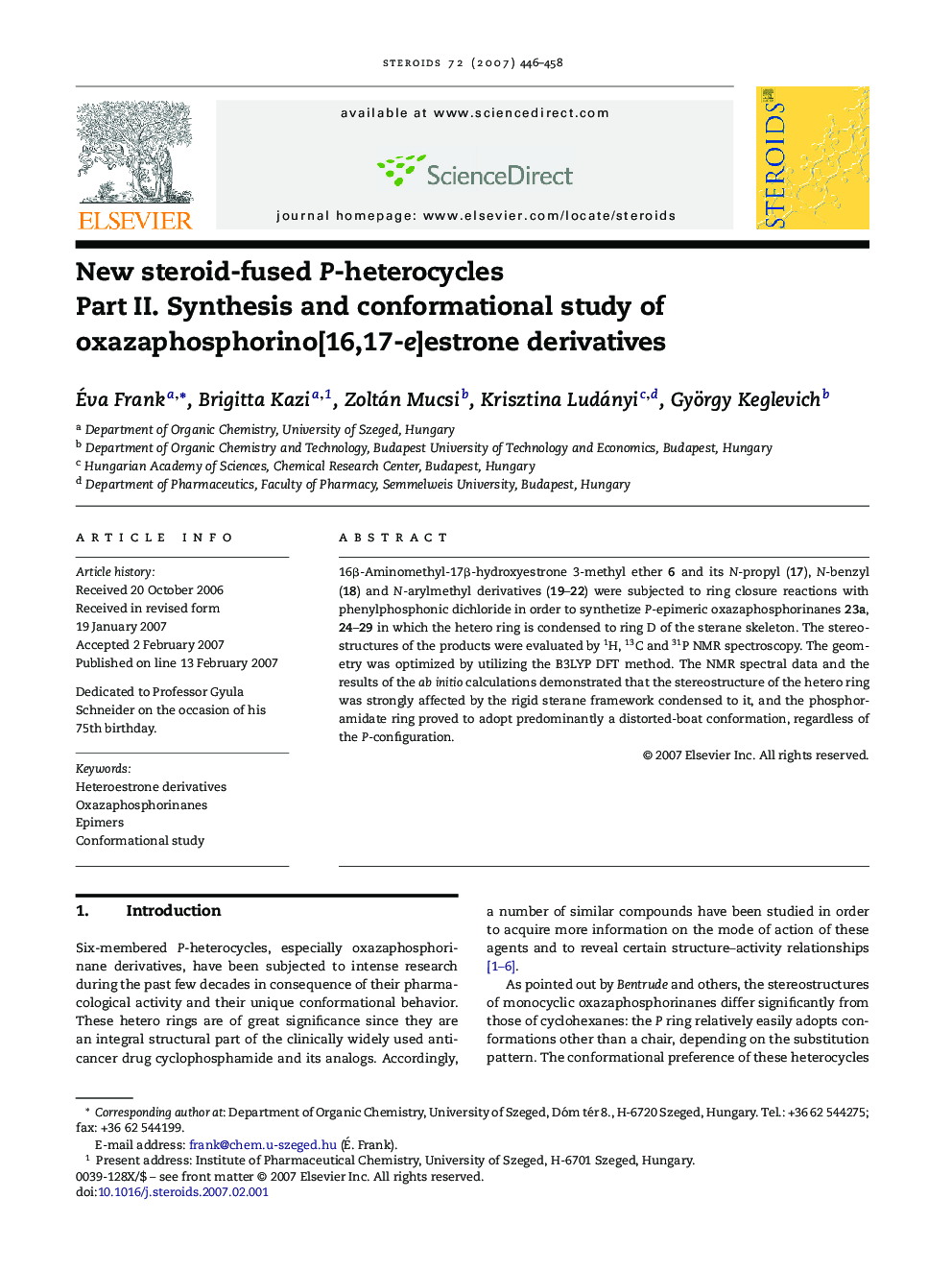 New steroid-fused P-heterocycles: Part II. Synthesis and conformational study of oxazaphosphorino[16,17-e]estrone derivatives