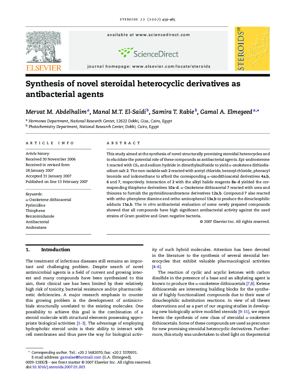 Synthesis of novel steroidal heterocyclic derivatives as antibacterial agents