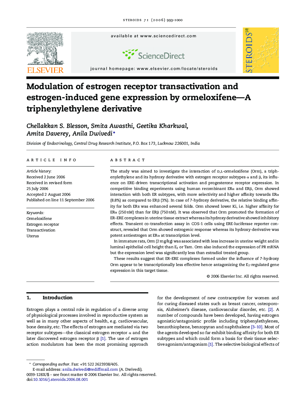 Modulation of estrogen receptor transactivation and estrogen-induced gene expression by ormeloxifene—A triphenylethylene derivative