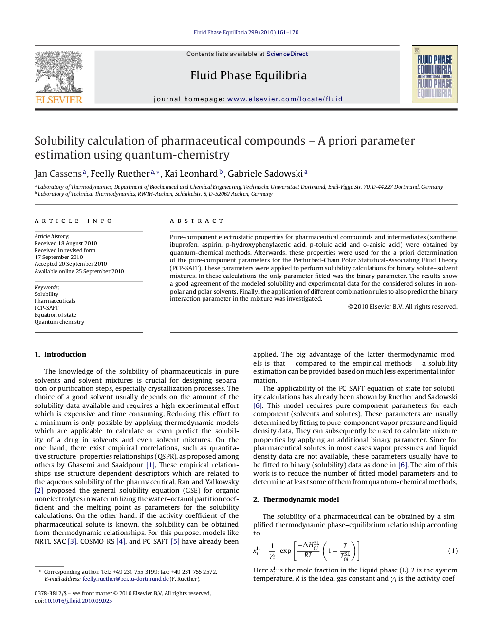 Solubility calculation of pharmaceutical compounds – A priori parameter estimation using quantum-chemistry