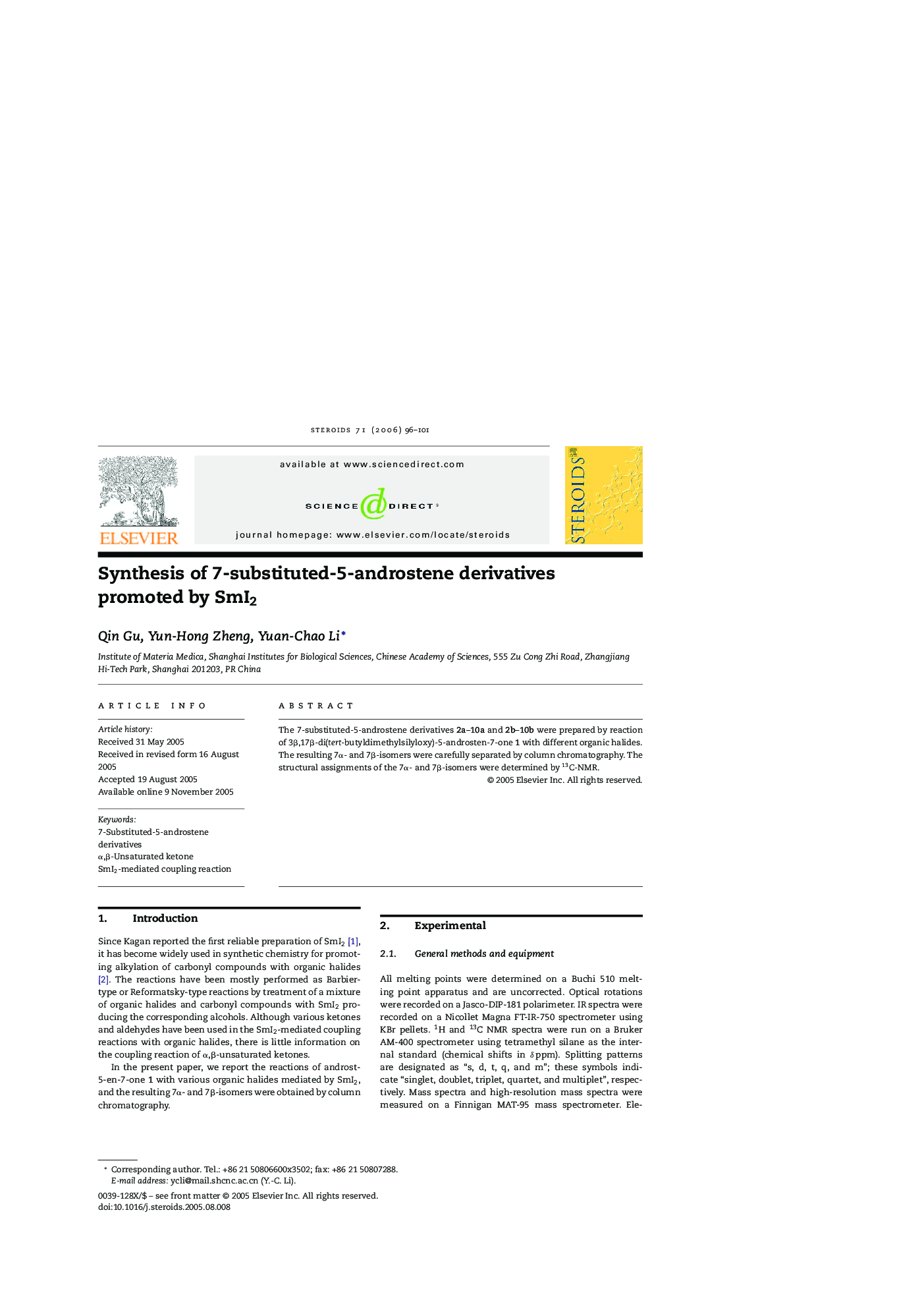 Synthesis of 7-substituted-5-androstene derivatives promoted by SmI2