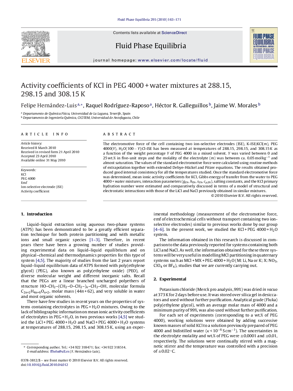 Activity coefficients of KCl in PEG 4000 + water mixtures at 288.15, 298.15 and 308.15 K