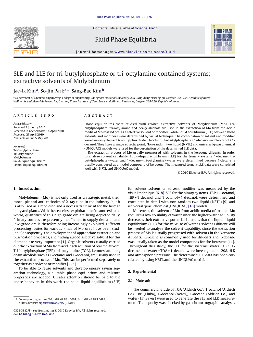 عکس صفحه اول مقاله: SLE and LLE for tri-butylphosphate or tri-octylamine contained systems; extractive solvents of Molybdenum SLE and LLE for tri-butylphosphate or tri-octylamine contained systems; extractive solvents of Molybdenum
