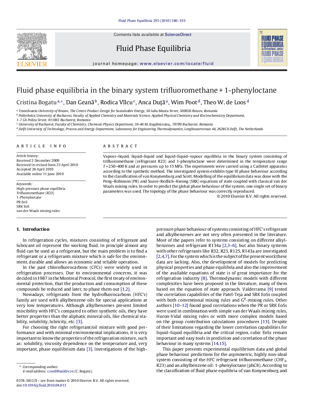 Fluid phase equilibria in the binary system trifluoromethane + 1-phenyloctane