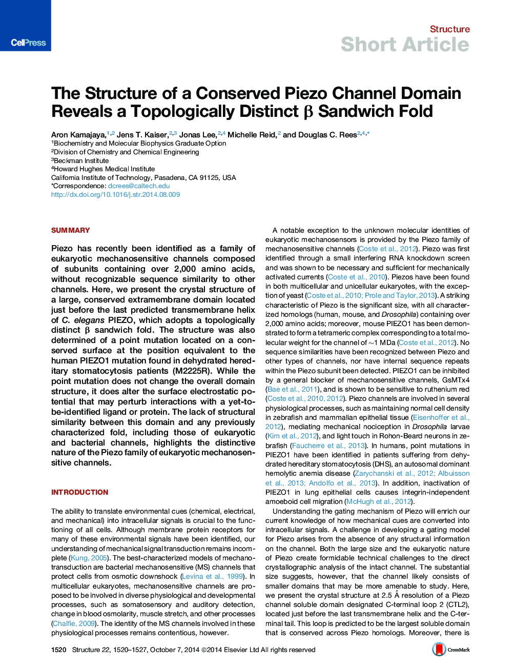 The Structure of a Conserved Piezo Channel Domain Reveals a Topologically Distinct β Sandwich Fold