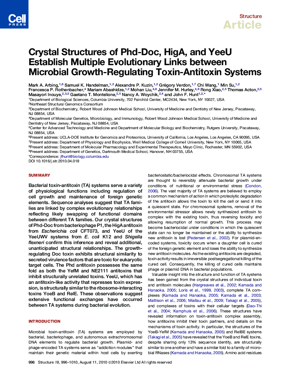 Crystal Structures of Phd-Doc, HigA, and YeeU Establish Multiple Evolutionary Links between Microbial Growth-Regulating Toxin-Antitoxin Systems