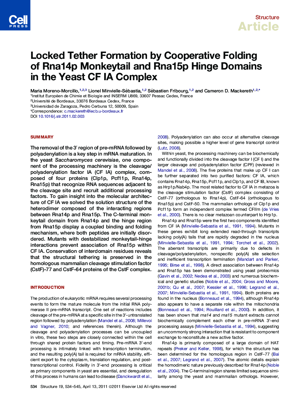 Locked Tether Formation by Cooperative Folding of Rna14p Monkeytail and Rna15p Hinge Domains in the Yeast CF IA Complex