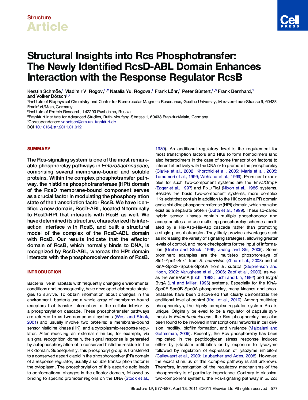 Structural Insights into Rcs Phosphotransfer: The Newly Identified RcsD-ABL Domain Enhances Interaction with the Response Regulator RcsB