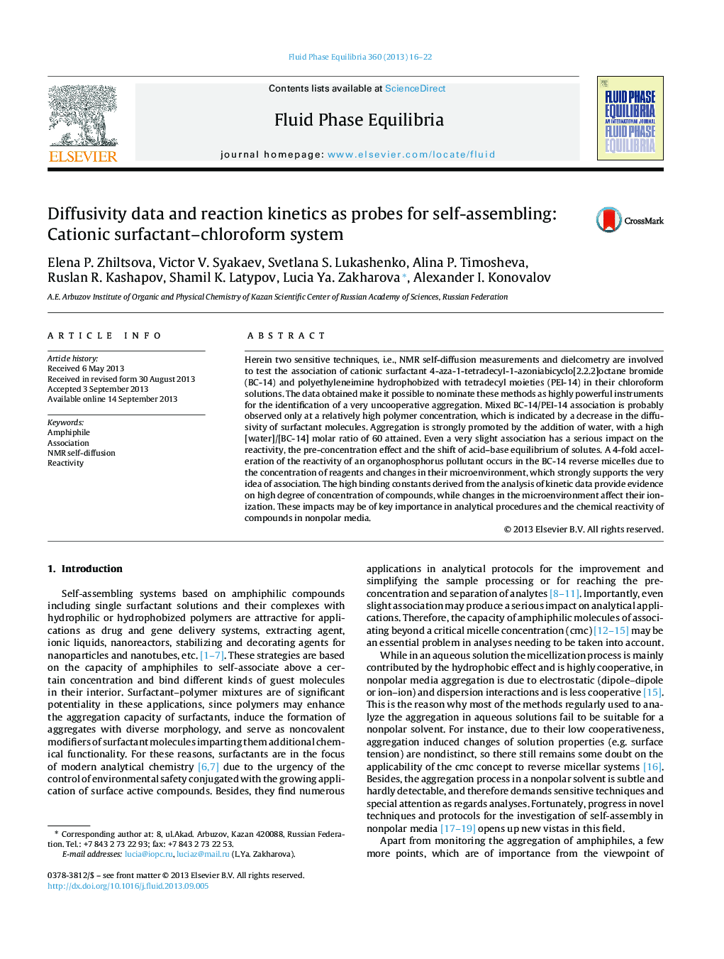 Diffusivity data and reaction kinetics as probes for self-assembling: Cationic surfactant–chloroform system