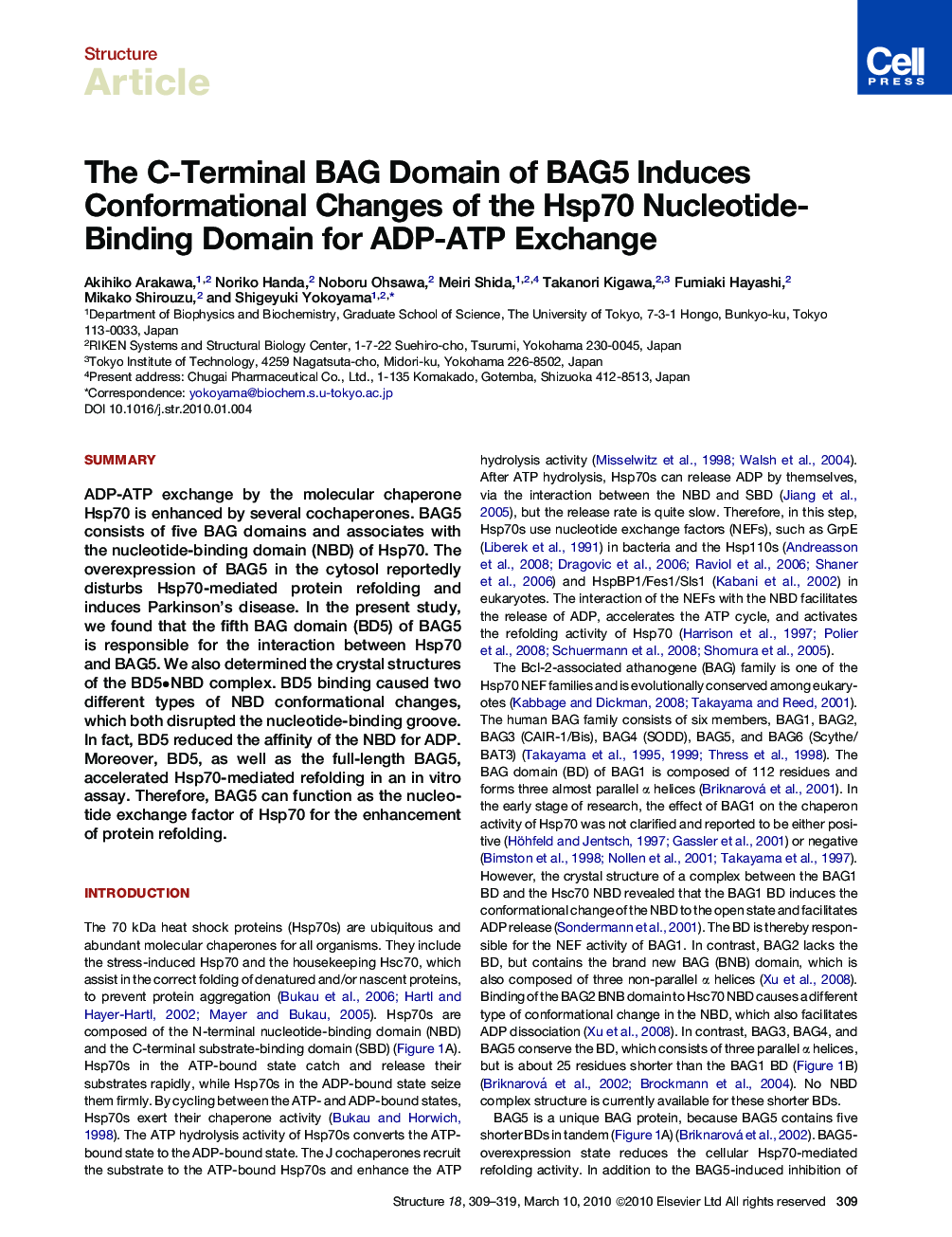 The C-Terminal BAG Domain of BAG5 Induces Conformational Changes of the Hsp70 Nucleotide- Binding Domain for ADP-ATP Exchange