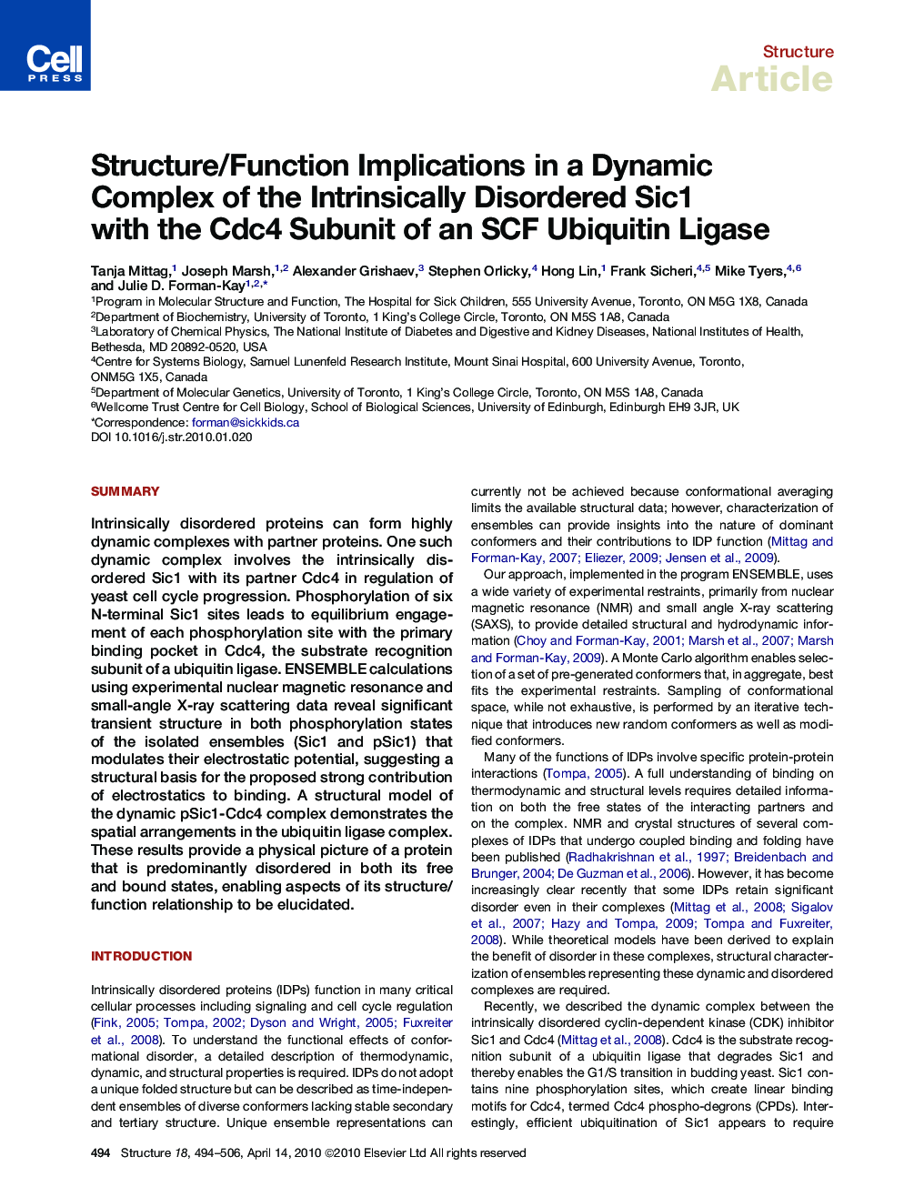 Structure/Function Implications in a Dynamic Complex of the Intrinsically Disordered Sic1 with the Cdc4 Subunit of an SCF Ubiquitin Ligase