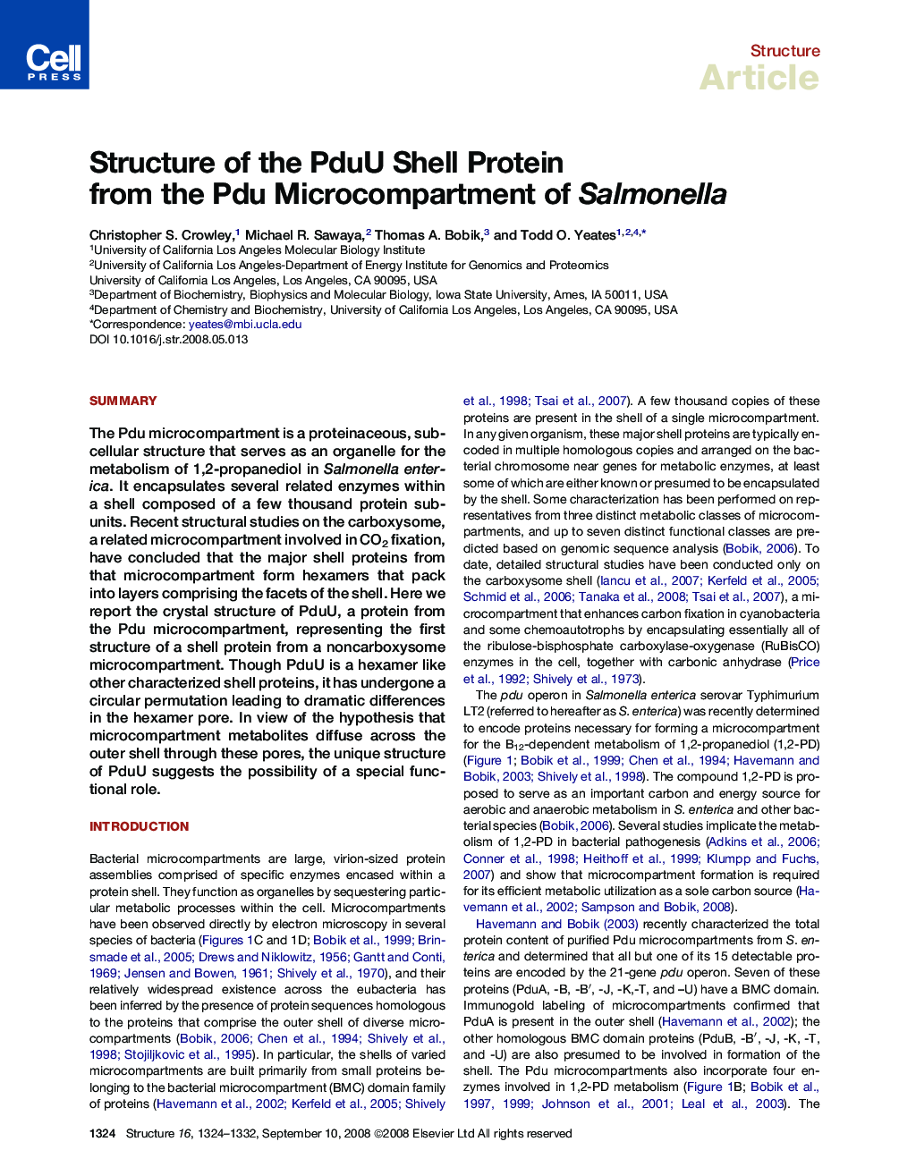 Structure of the PduU Shell Protein from the Pdu Microcompartment of Salmonella