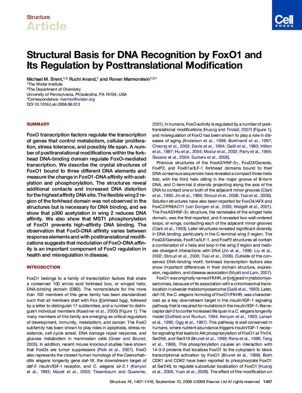 Structural Basis for DNA Recognition by FoxO1 and Its Regulation by Posttranslational Modification