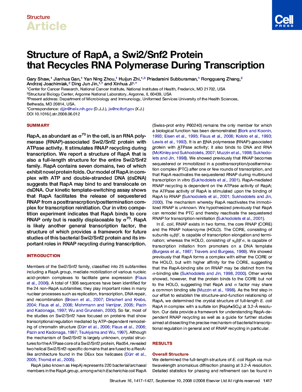 Structure of RapA, a Swi2/Snf2 Protein that Recycles RNA Polymerase During Transcription