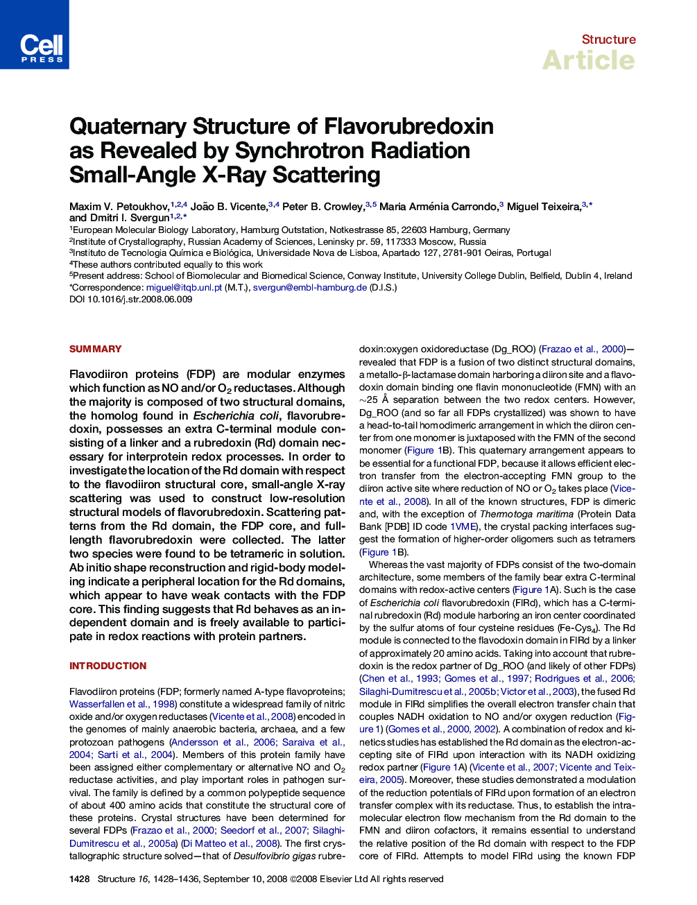 Quaternary Structure of Flavorubredoxin as Revealed by Synchrotron Radiation Small-Angle X-Ray Scattering