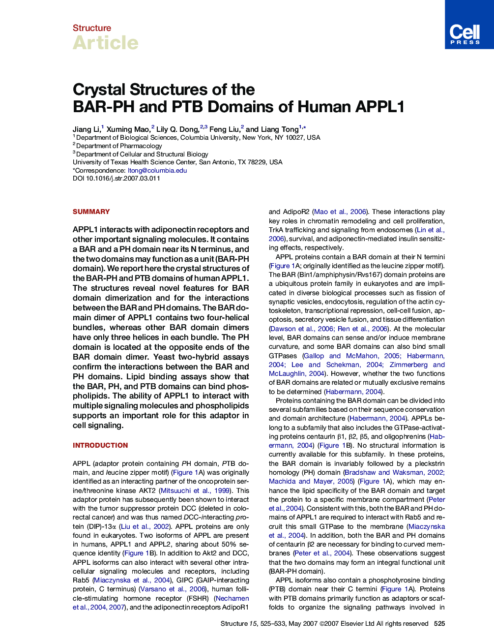 Crystal Structures of the BAR-PH and PTB Domains of Human APPL1