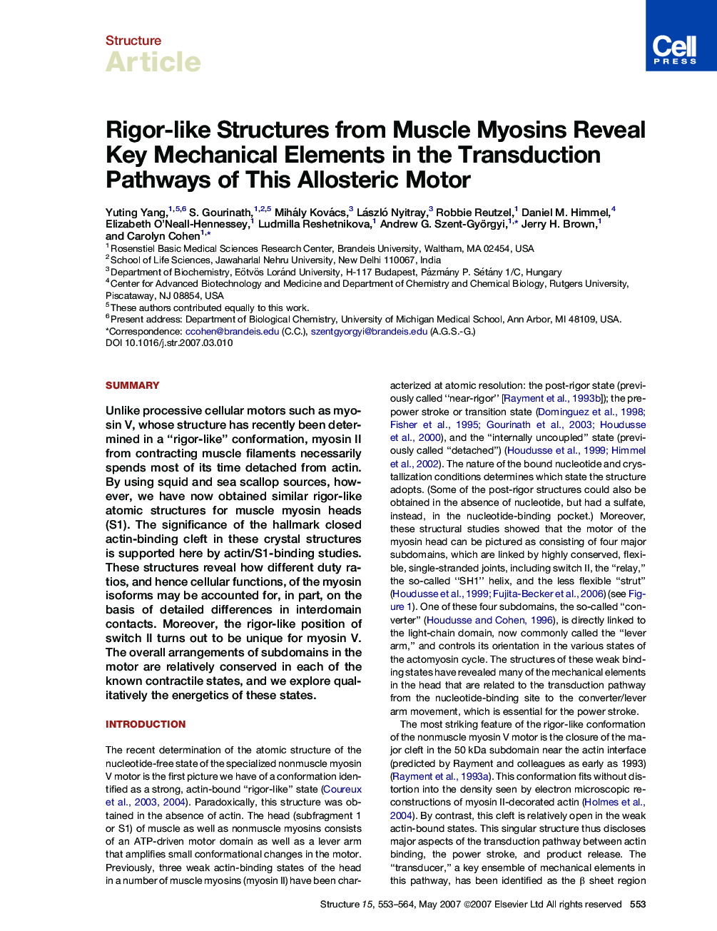 Rigor-like Structures from Muscle Myosins Reveal Key Mechanical Elements in the Transduction Pathways of This Allosteric Motor