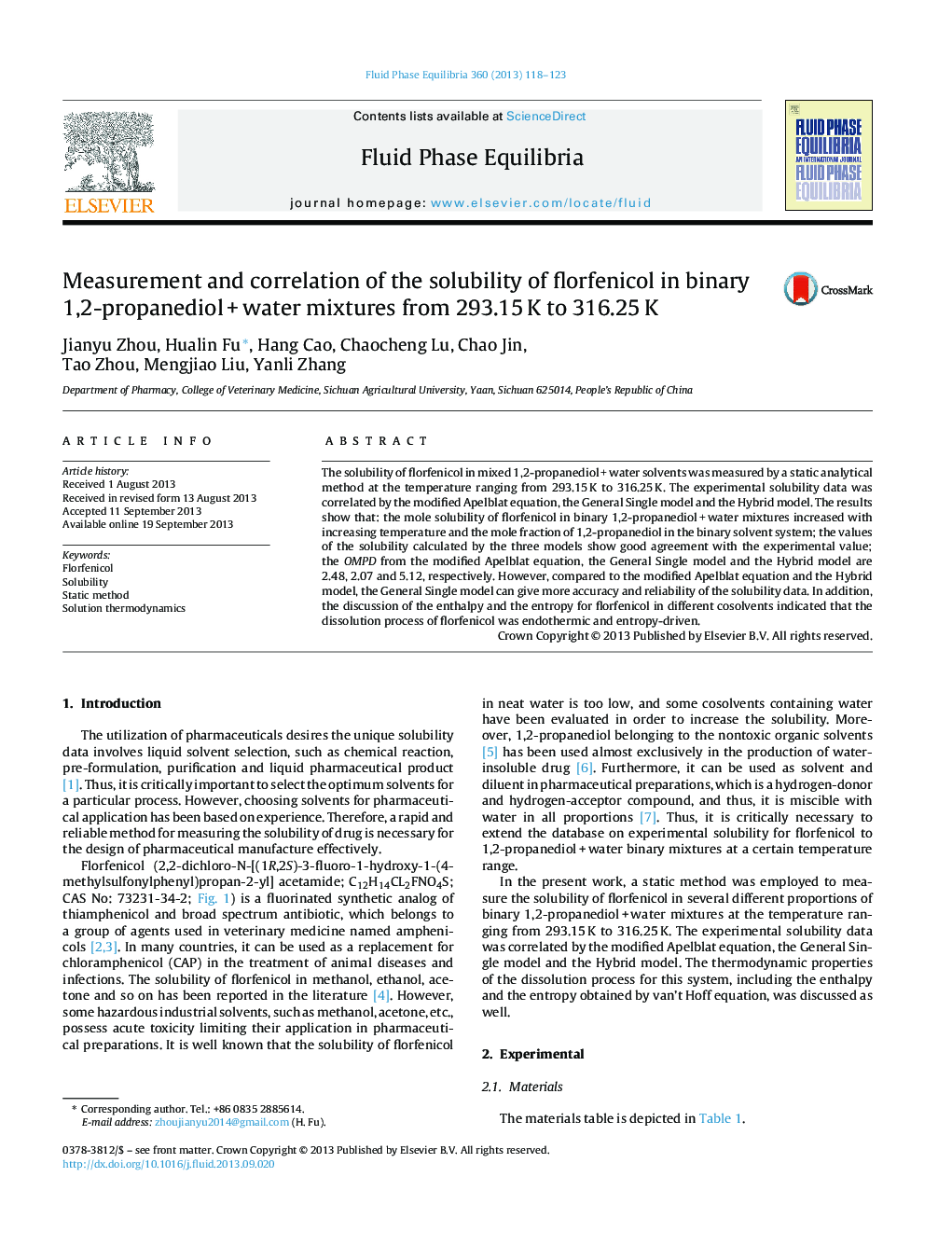 Measurement and correlation of the solubility of florfenicol in binary 1,2-propanediol + water mixtures from 293.15 K to 316.25 K