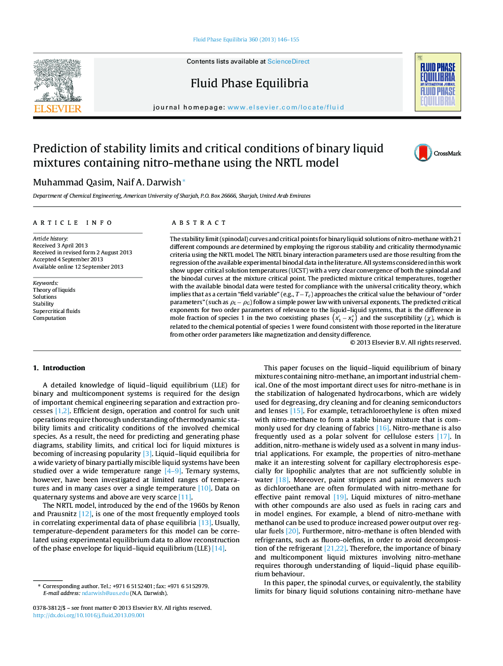 Prediction of stability limits and critical conditions of binary liquid mixtures containing nitro-methane using the NRTL model
