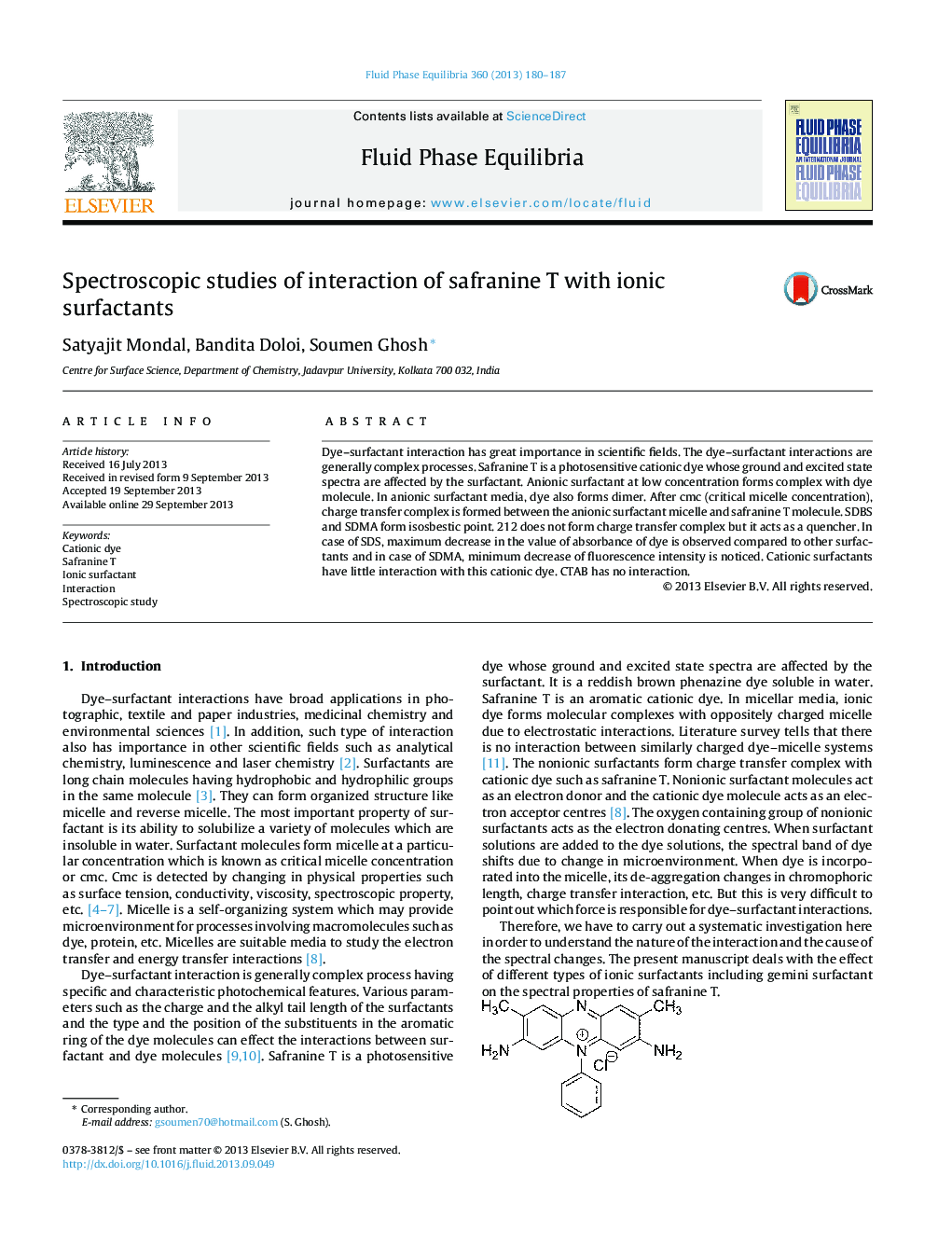 Spectroscopic studies of interaction of safranine T with ionic surfactants