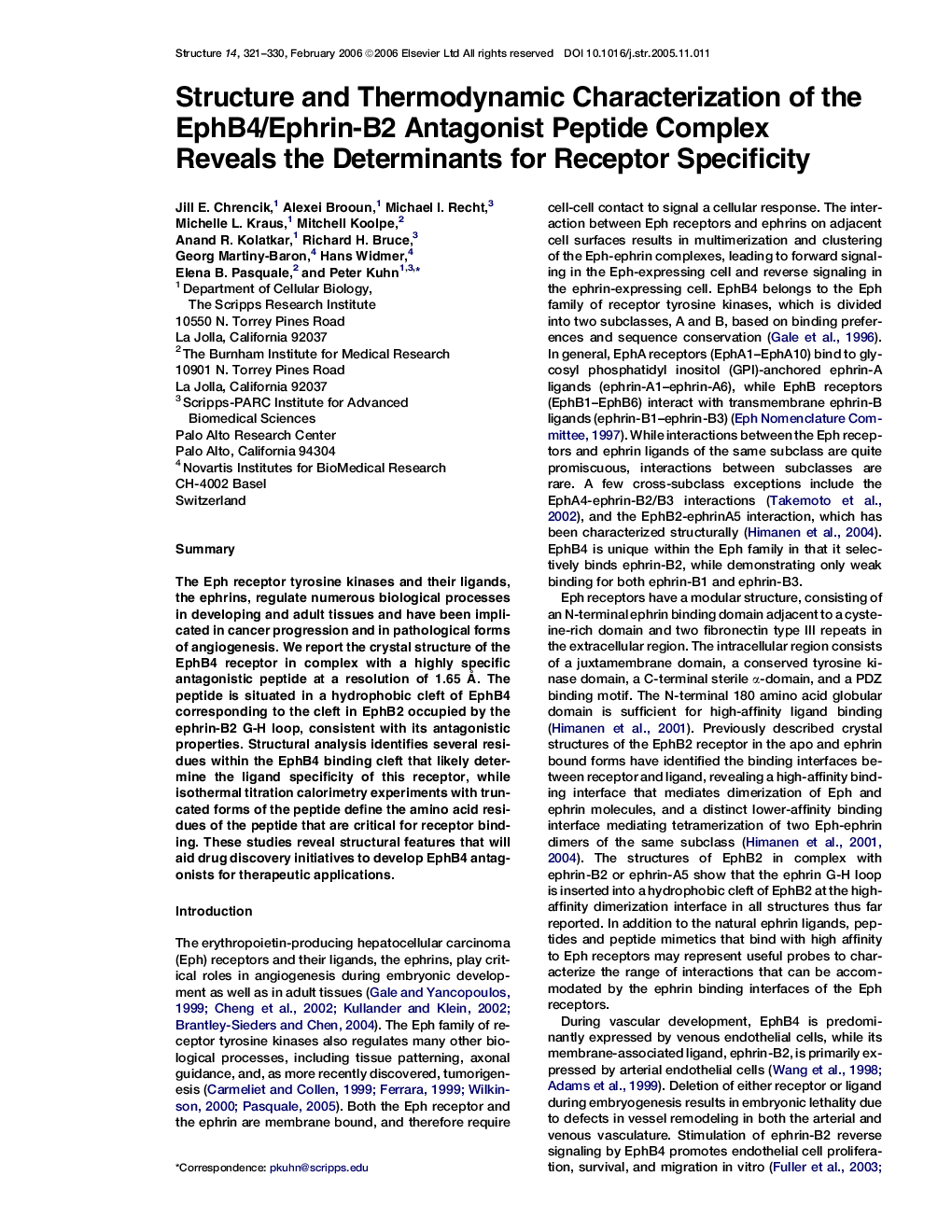 Structure and Thermodynamic Characterization of the EphB4/Ephrin-B2 Antagonist Peptide Complex Reveals the Determinants for Receptor Specificity