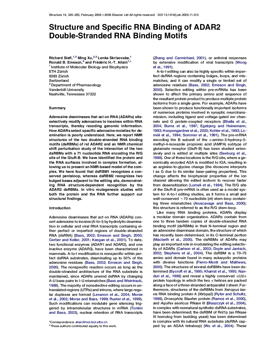 Structure and Specific RNA Binding of ADAR2 Double-Stranded RNA Binding Motifs