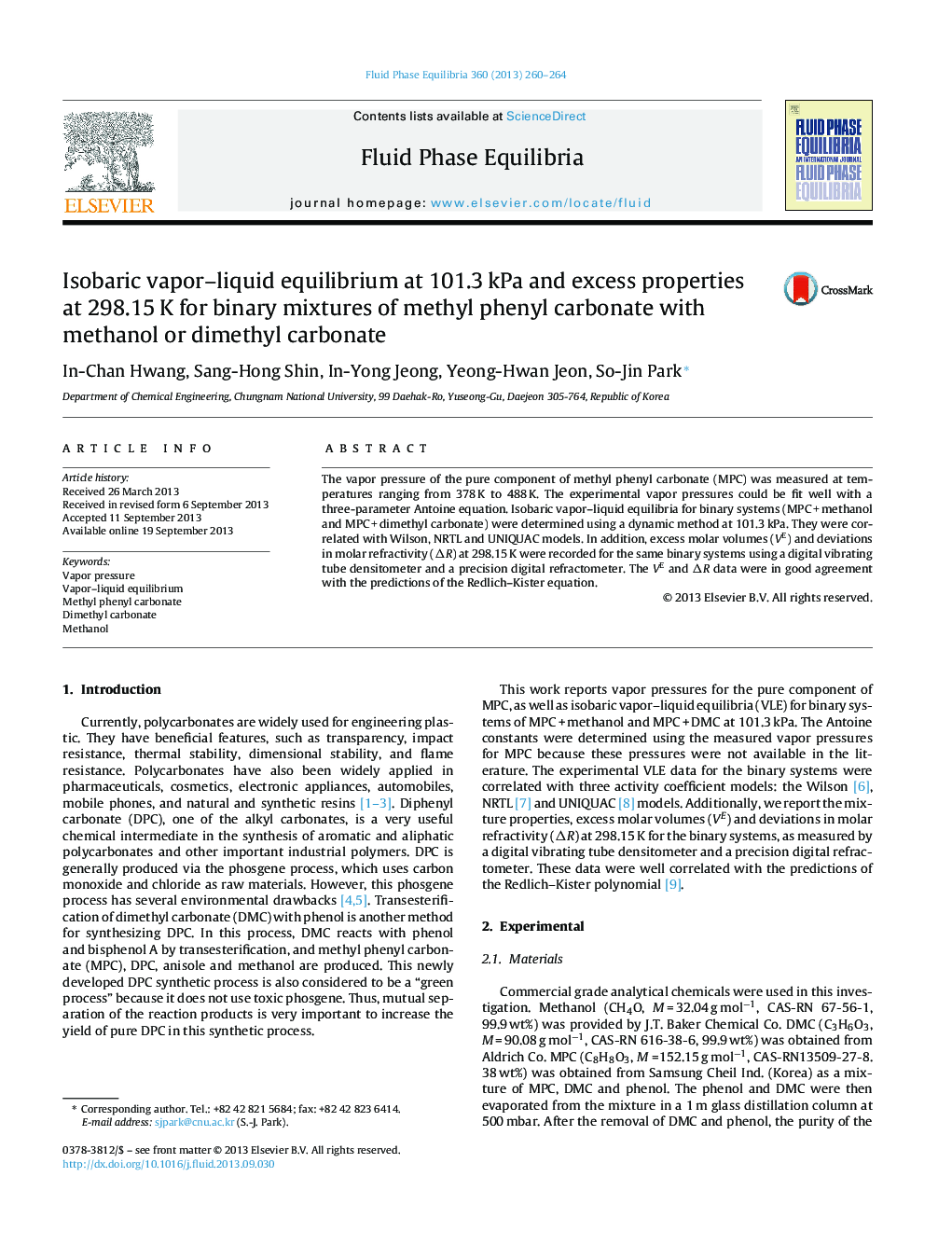 Isobaric vapor–liquid equilibrium at 101.3 kPa and excess properties at 298.15 K for binary mixtures of methyl phenyl carbonate with methanol or dimethyl carbonate